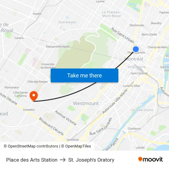 Place des Arts Station to St. Joseph's Oratory map