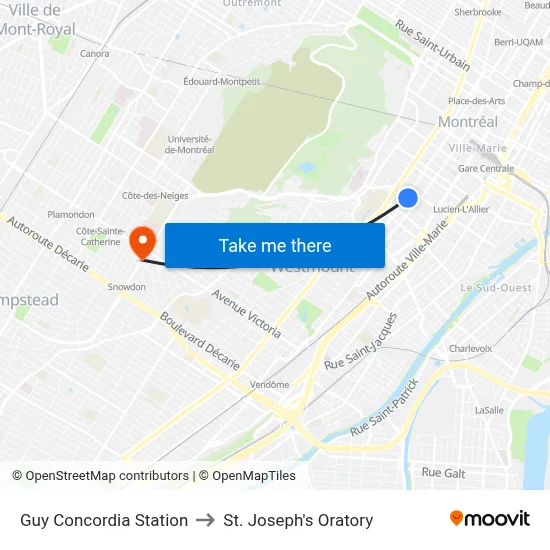 Guy Concordia Station to St. Joseph's Oratory map