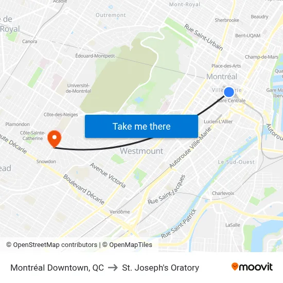 Montréal Downtown, QC to St. Joseph's Oratory map