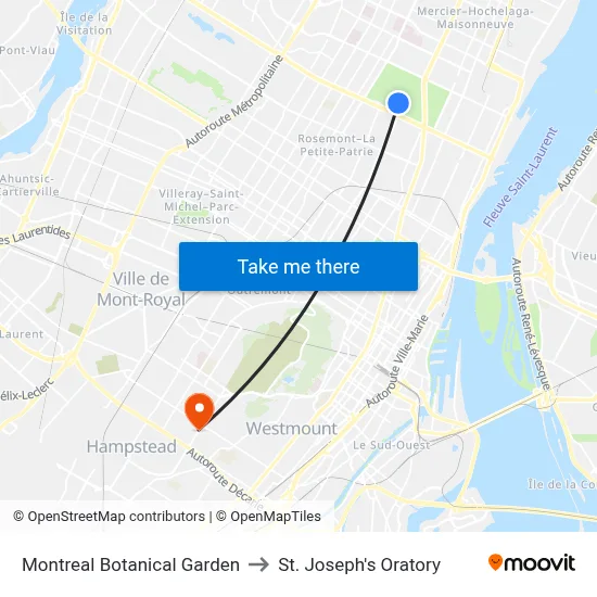 Montreal Botanical Garden to St. Joseph's Oratory map