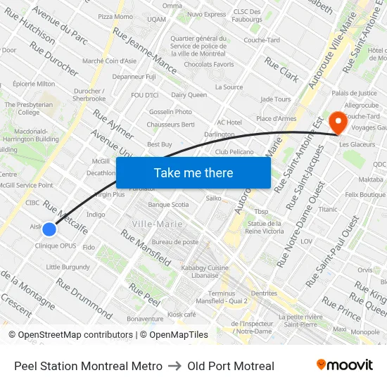 Peel Station Montreal Metro to Old Port Motreal map