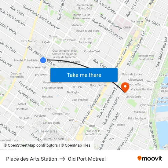 Place des Arts Station to Old Port Motreal map