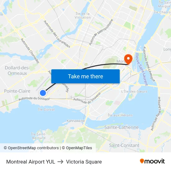 Montreal Airport YUL to Victoria Square map