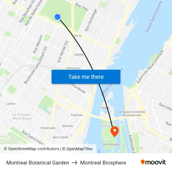 Montreal Botanical Garden to Montreal Biosphere map