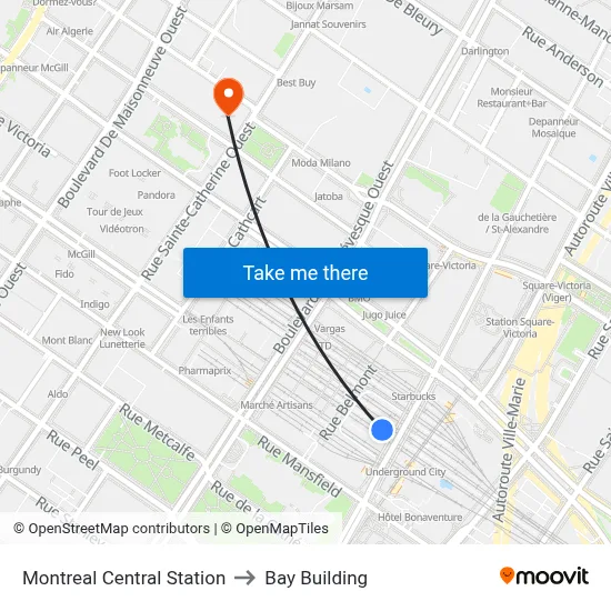 Montreal Central Station to Bay Building map