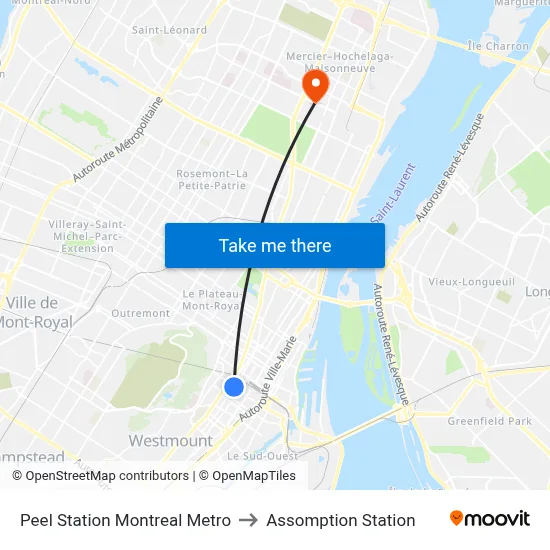 Peel Station Montreal Metro to Assomption Station map