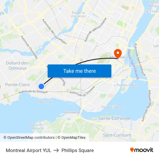 Montreal Airport YUL to Phillips Square map