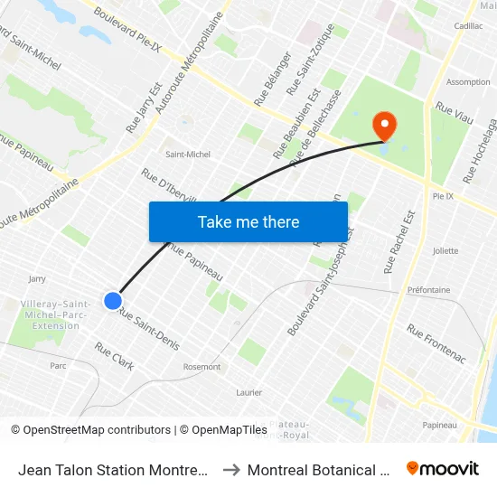 Jean Talon Station Montreal Metro to Montreal Botanical Garden map