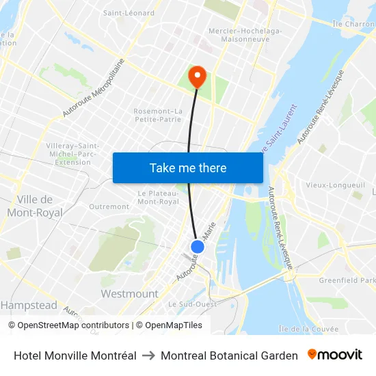 Hotel Monville Montréal to Montreal Botanical Garden map