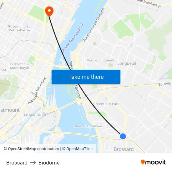 Brossard to Biodome map