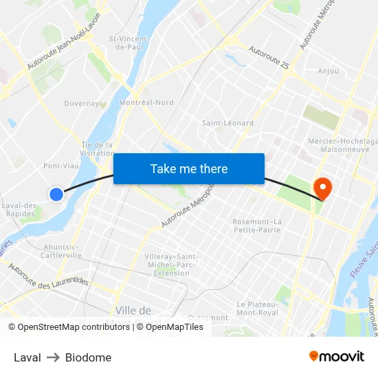 Laval to Biodome map