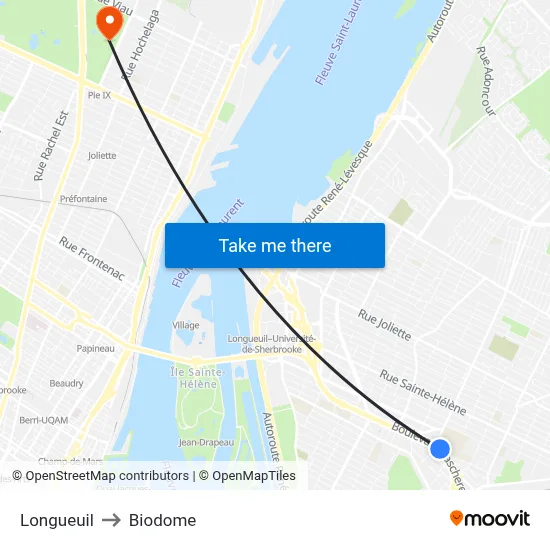 Longueuil to Biodome map