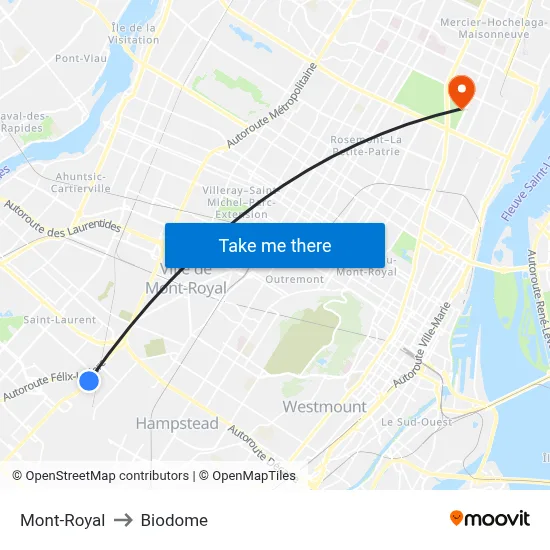 Mont-Royal to Biodome map