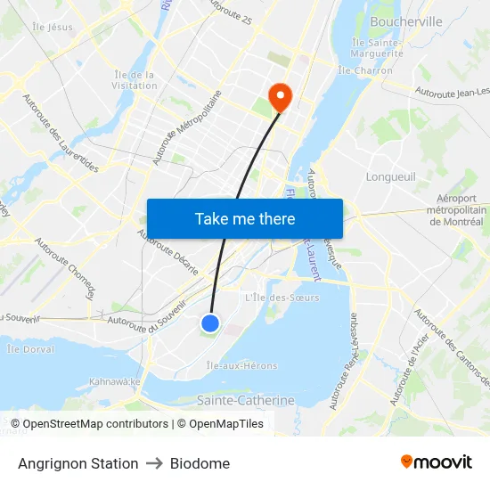 Angrignon Station to Biodome map