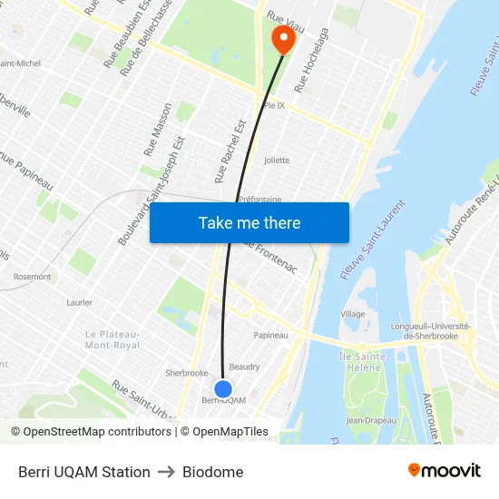 Berri UQAM Station to Biodome map