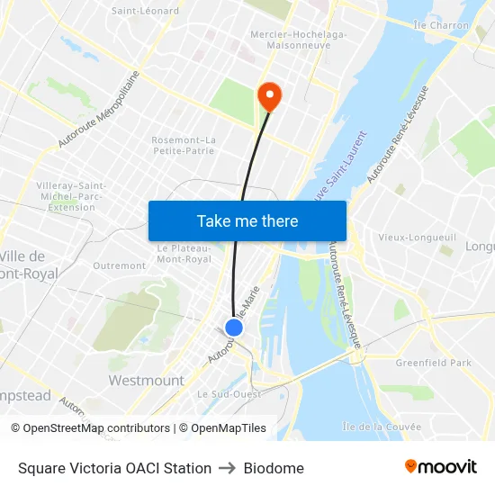 Square Victoria OACI Station to Biodome map