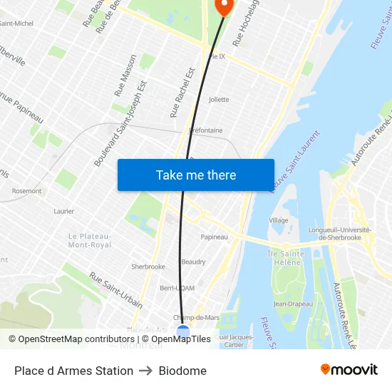 Place d Armes Station to Biodome map