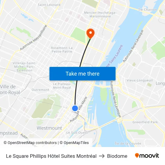 Le Square Phillips Hôtel Suites Montréal to Biodome map