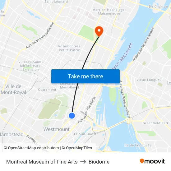 Montreal Museum of Fine Arts to Biodome map