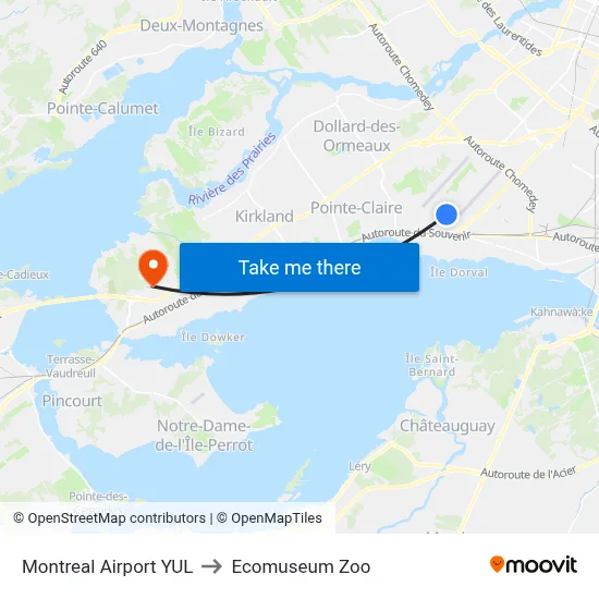 Montreal Airport YUL to Ecomuseum Zoo map
