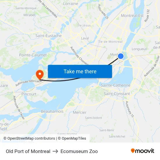 Old Port of Montreal to Ecomuseum Zoo map