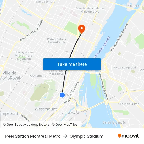 Peel Station Montreal Metro to Olympic Stadium map