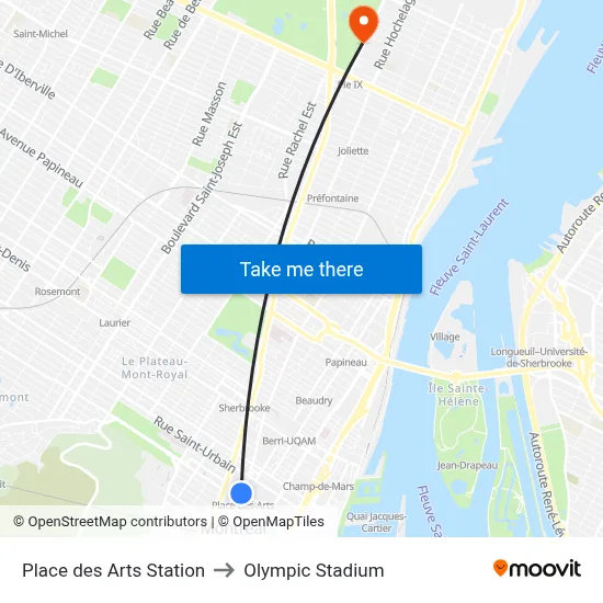 Place des Arts Station to Olympic Stadium map