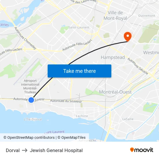 Dorval to Jewish General Hospital map