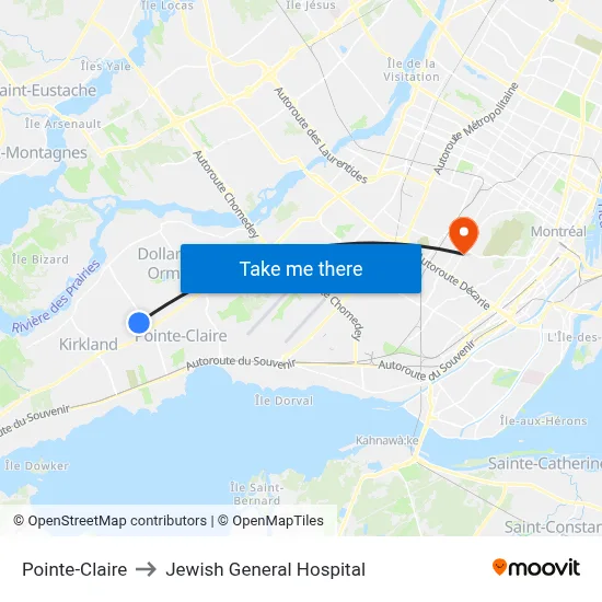 Pointe-Claire to Jewish General Hospital map