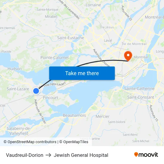 Vaudreuil-Dorion to Jewish General Hospital map