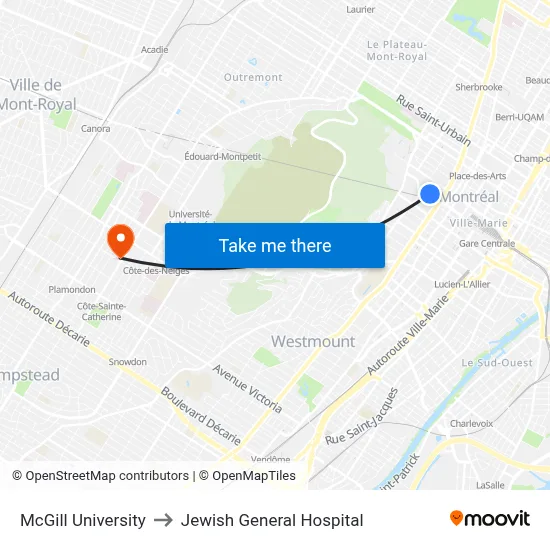 McGill University to Jewish General Hospital map