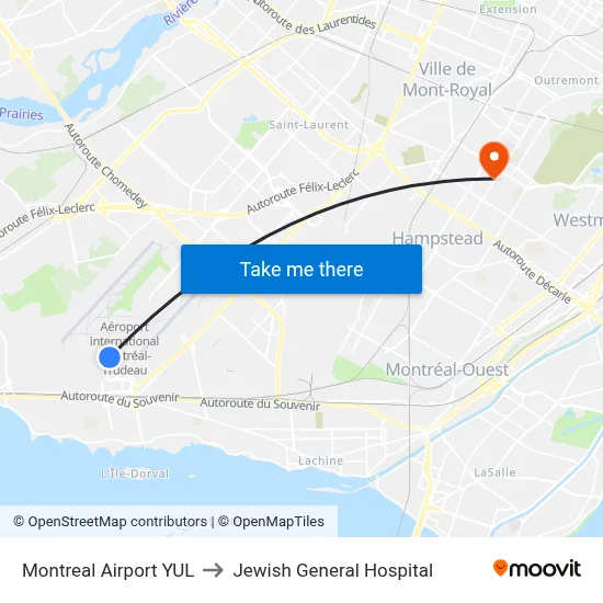 Montreal Airport YUL to Jewish General Hospital map