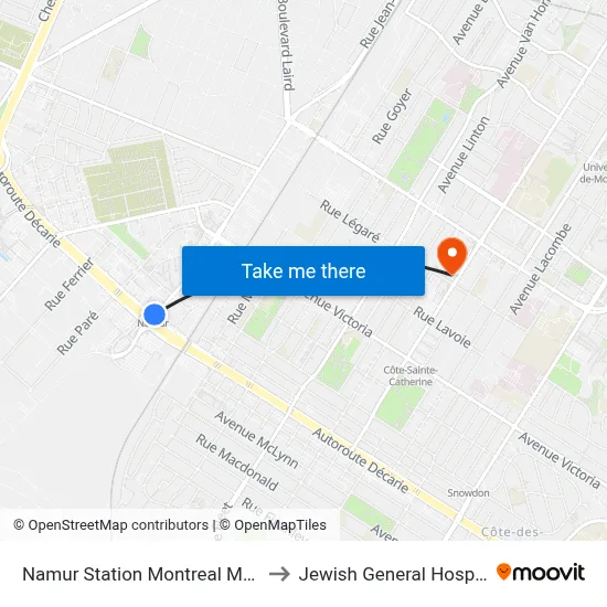 Namur Station Montreal Metro to Jewish General Hospital map