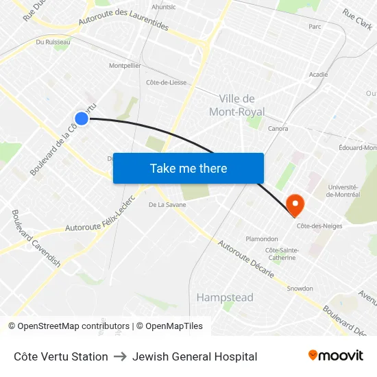 Côte Vertu Station to Jewish General Hospital map