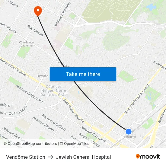 Vendôme Station to Jewish General Hospital map