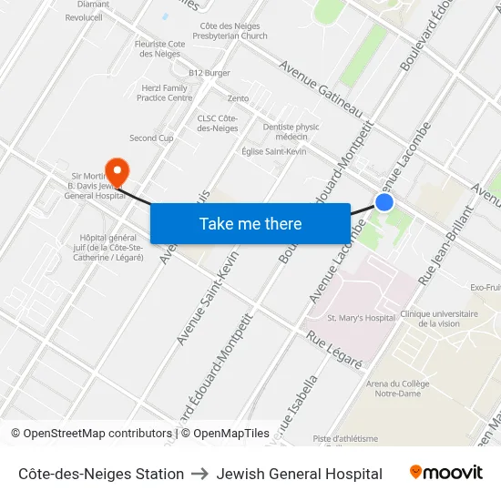 Côte-des-Neiges Station to Jewish General Hospital map