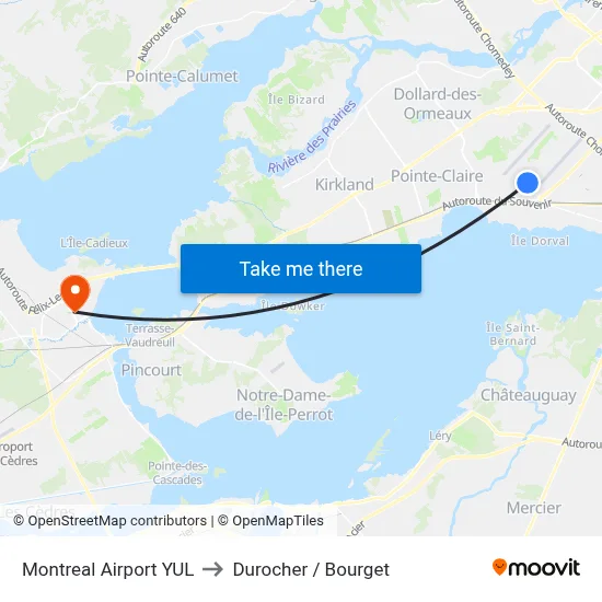 Montreal Airport YUL to Durocher / Bourget map