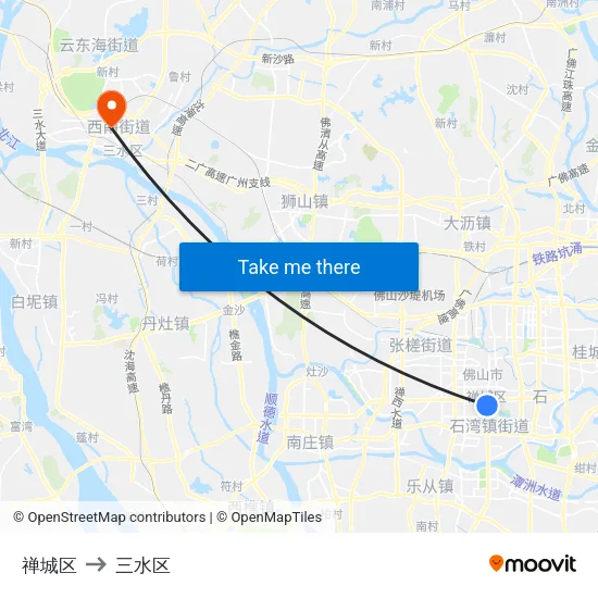 禅城区 to 三水区 map