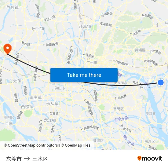 东莞市 to 三水区 map