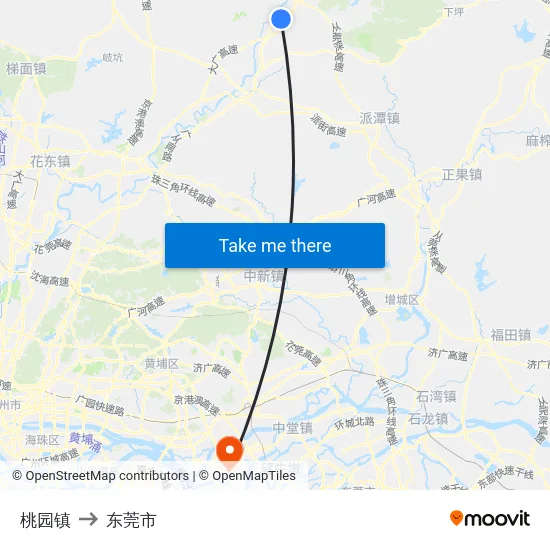 桃园镇 to 东莞市 map