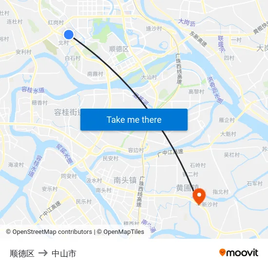 顺德区 to 中山市 map