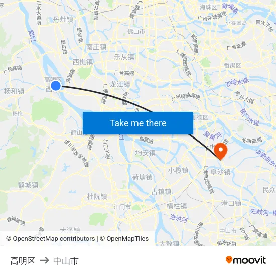 高明区 to 中山市 map