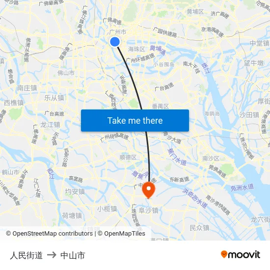 人民街道 to 中山市 map