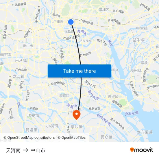 天河南 to 中山市 map