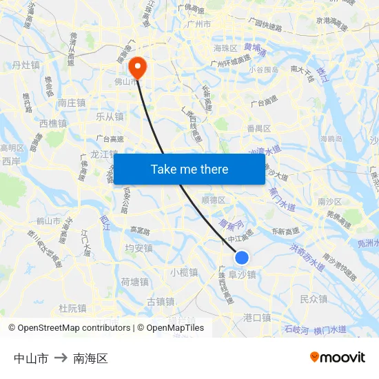 中山市 to 南海区 map
