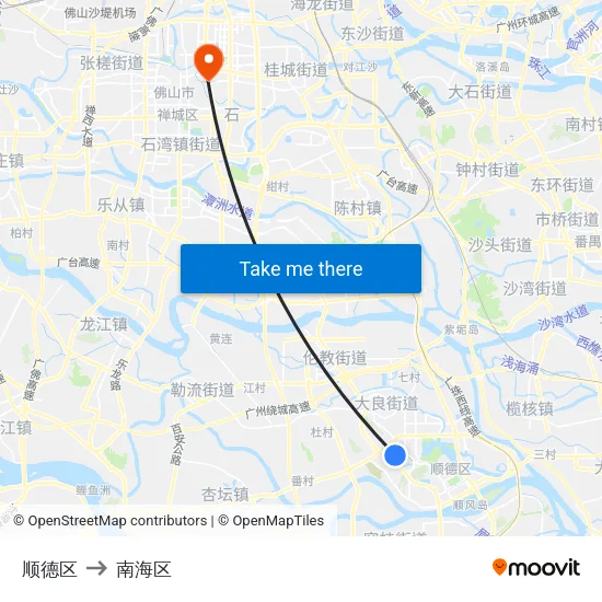 顺德区 to 南海区 map