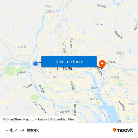 三水区 to 增城区 map