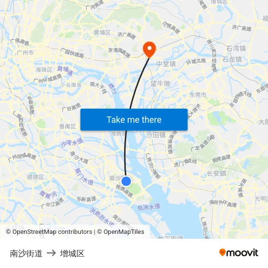 南沙街道 to 增城区 map