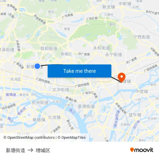 新塘街道 to 增城区 map