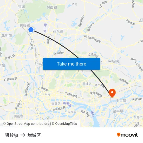 狮岭镇 to 增城区 map